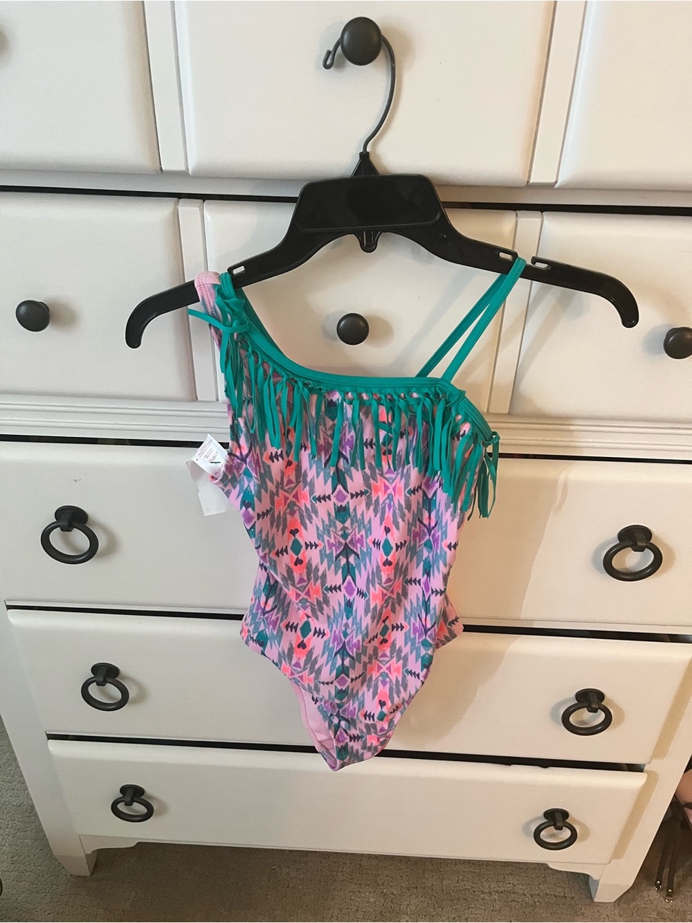 Xhilaration Girls One-Piece Swimsuit in Pink and Teal with Fringe